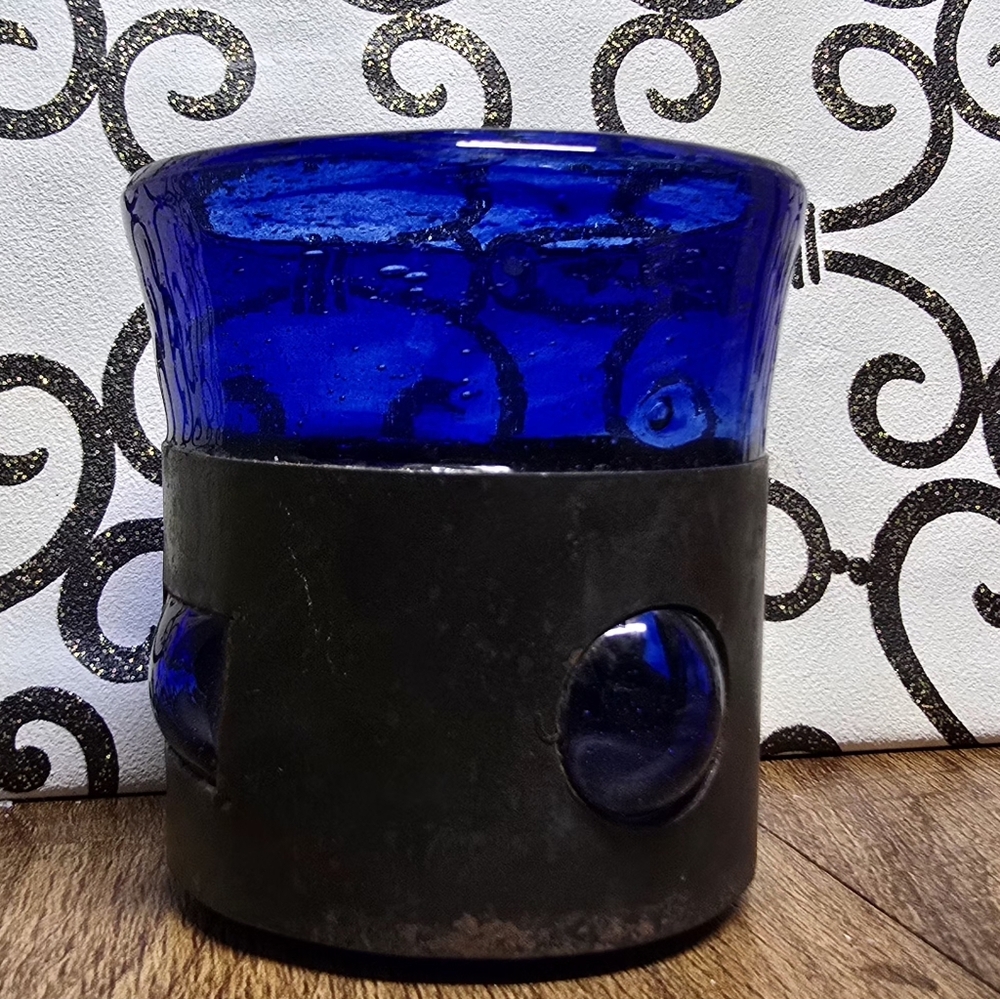 Vintage Hand Blown Brutalist Tumbler-Blue Glass- Metal Cased-FELIPE DERFLINGHER